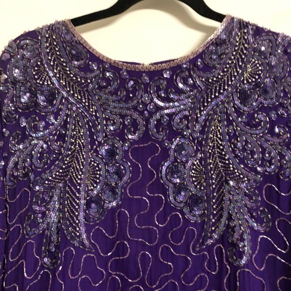 Vintage 1980s Purple Sequin and Beaded Silk Dress Art Deco Flapper Style Size 10 - Picture 3 of 13